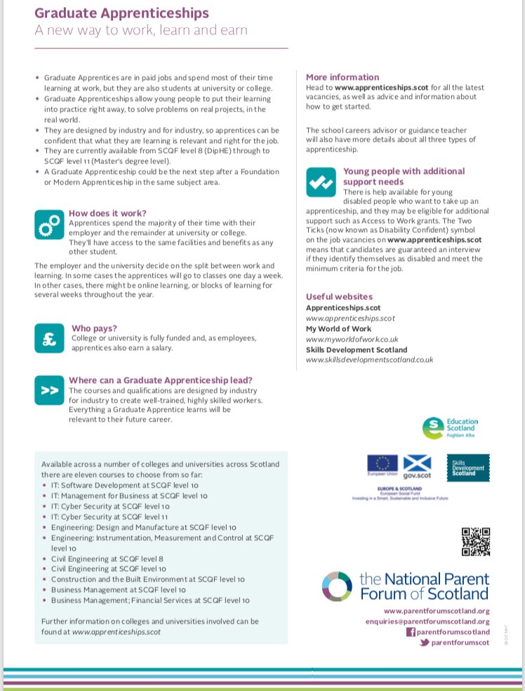 We think this ‘Apprenticeships in a Nutshell’ document from @parentforumscot is so brilliant at explaining #FoundationApprenticeships #ModernApprenticeships and #GraduateApprenticeships it had to be shared for pupils, parents and partners first thing today 🤩 #pride #ambition