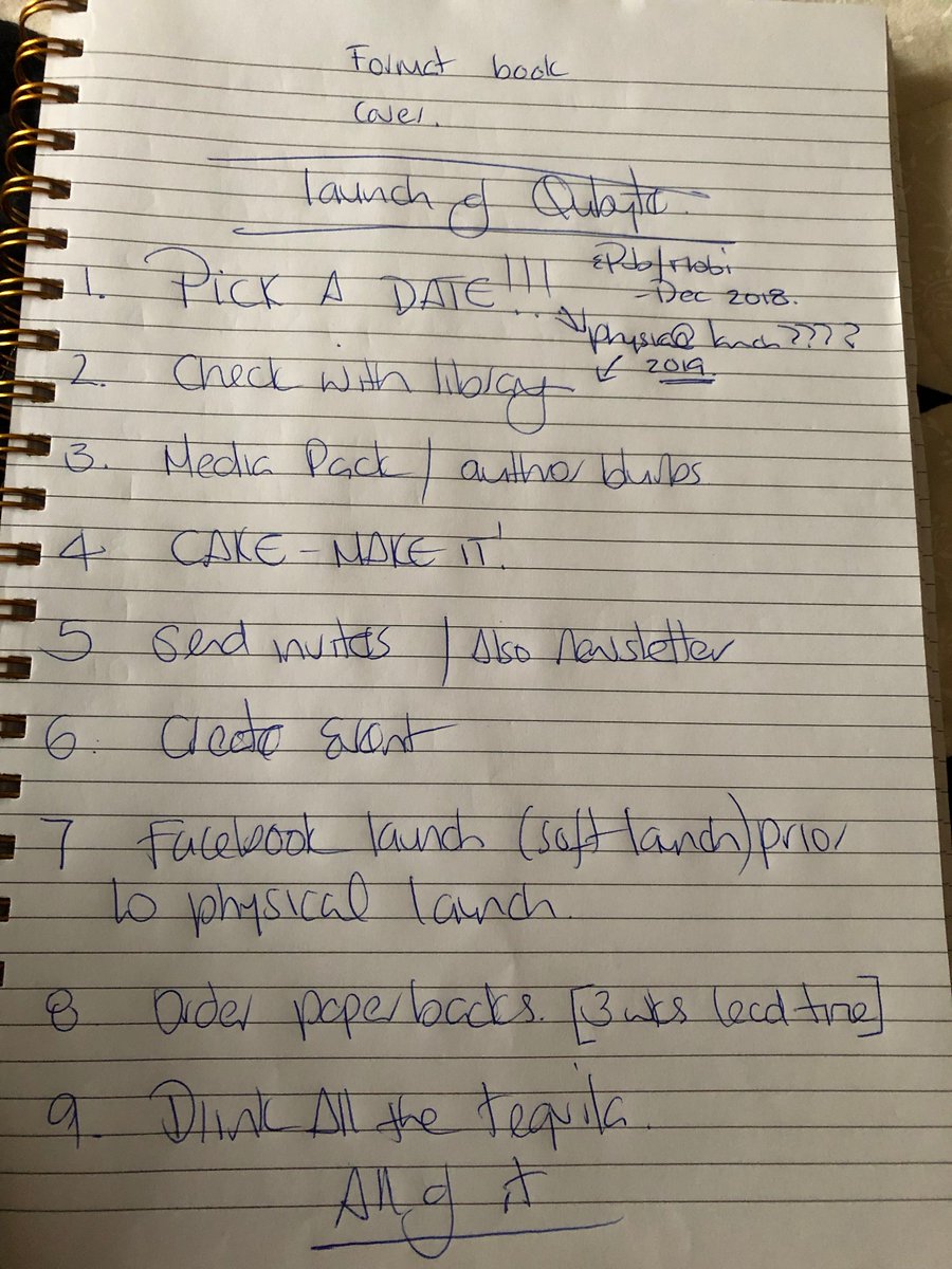 catconnor's tweet image. This is as far as my #booklaunch plan has got. This is it. No dates, no anything in place, just scribble in my notebook. #Qubyte is coming. Before Dec 31st, we hope! #writerslife #byteSeries #SkipStraightToNumber9 #DrinkAllTheTequila