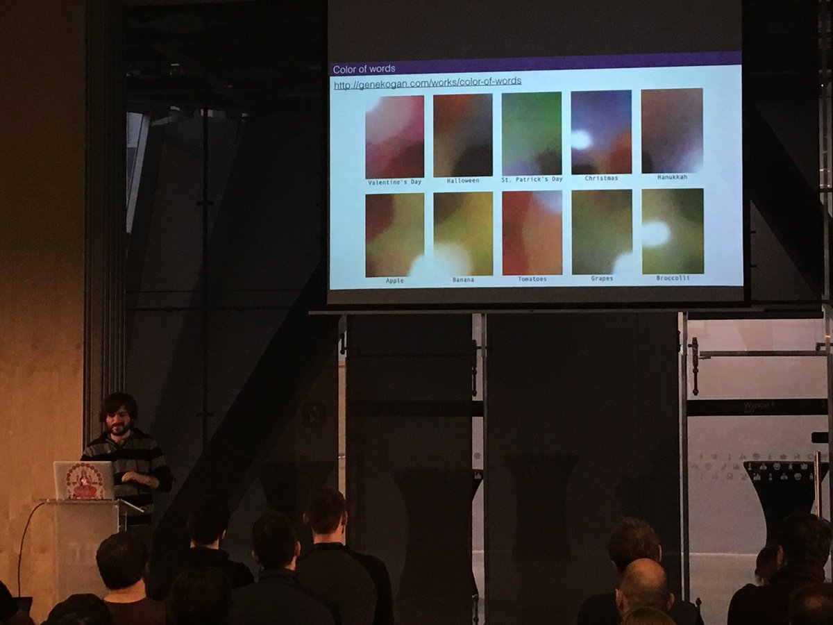 pmigdal's tweet photo. Data and art (here: colors of events) by @genekogan at #PyDataWarsaw https://t.co/6spdpnf2FQ