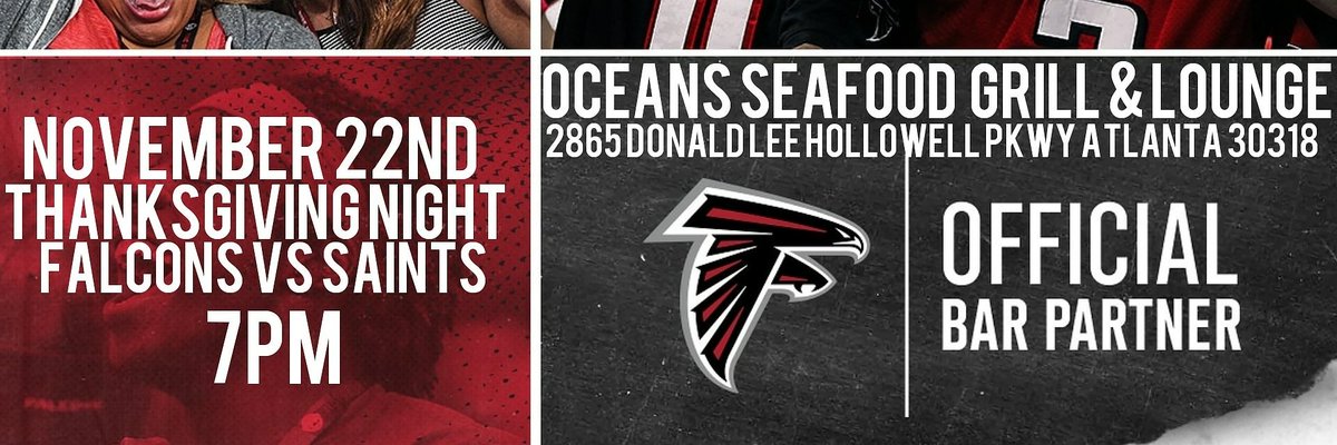 AtlOceans's tweet photo. @AtlantaFalcons #GameNight #ThanksgivingNight #TheGamewillbeTelevised #OfficialBarPartneroftheAtlantaFalcons #Food #Drinks #CheerLeaders #PhotoOp https://t.co/fCwBGLqzcL