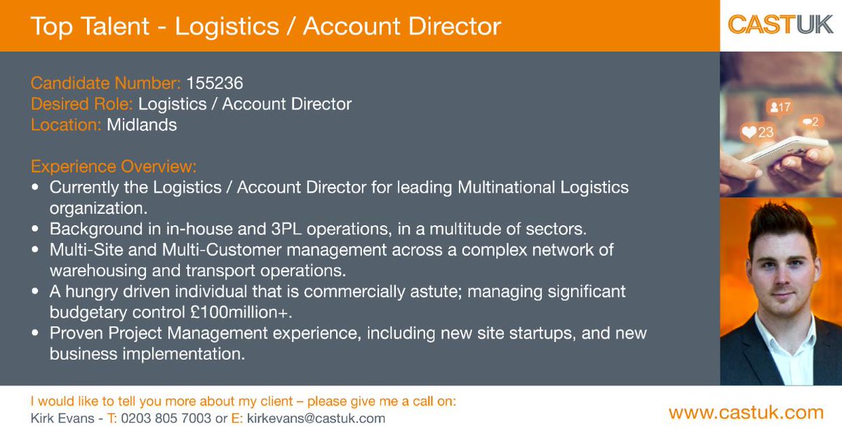 Cast_UK's tweet photo. Today's Top Talent is looking for a new role as a Logistics/ Account Director. For more information contact Kirk on 02038057003 or kirkevans@castuk.com

#TopTalent #PerfectCandidate #Recruitment #Careers #Job #Role #Logistics #Account #Director #LogisticsDirector #AccountDirector https://t.co/hnNH7jEFNw