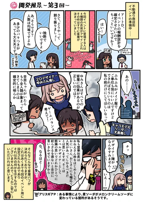 今日は久しぶりの開発風景漫画です。先日客層別アクトレス対応表を載せた際にも疑問にあった組決めですが、聞き取りをしたところ、このような風景だったそうです。実際にはもっと激しかったのではないかと推察します…… #アリスギア 