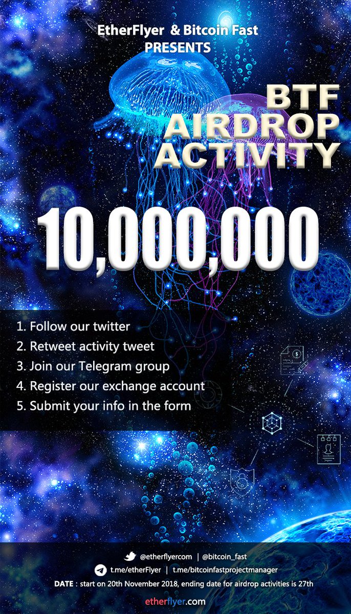 etherflyercom's tweet image. 10million BTF token airdrop activity! @bitcoin_fast 1. Follow etherflyer and Bitcoin Fast official twitter account ; 2. Retweet activity tweet:  More info：etherflyer.zendesk.com/hc/en-us/artic…