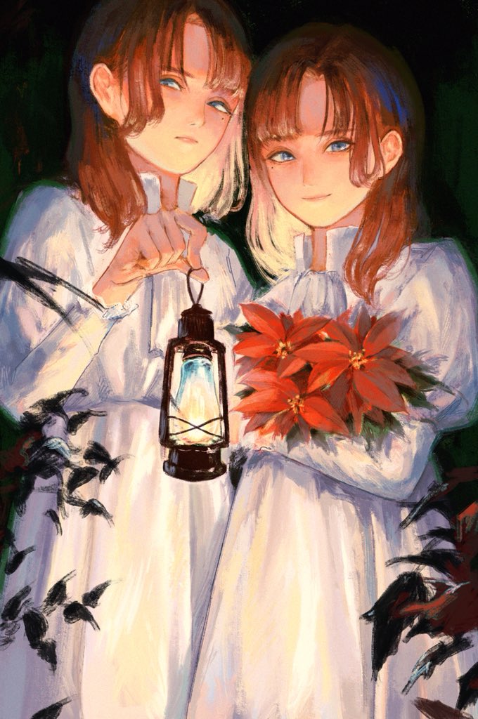 white dress holding 2girls dress flower multiple girls lantern  illustration images