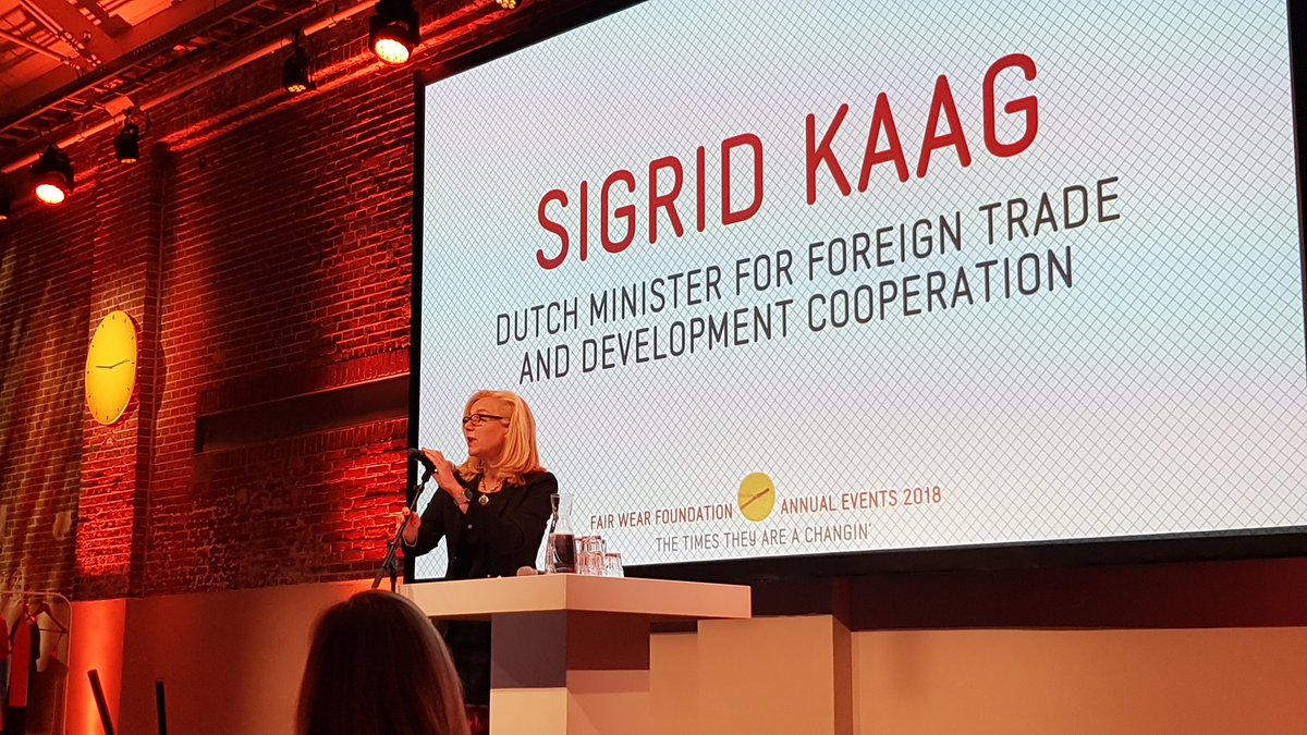 FNVMondiaal's tweet photo. Proud to represent workers in the garments industry at #FWF18, with @SigridKaag opening the conference: 'What we like to buy, or what we think we like to have, is often built at the expense of livelihoods of others.' #FNV #hetzitmenietlekker @fairwear_org @CNV_Internat https://t.co/m23S6IURrs