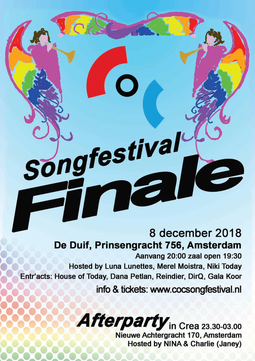 Op zaterdag 8 december is de finale van het Nationaal COC Songfestival 2018.
De finalisten strijden om de eerste plaats op een mooie locatie, namelijk de Duif aan de Prinsengracht. cocsongfestival.nl