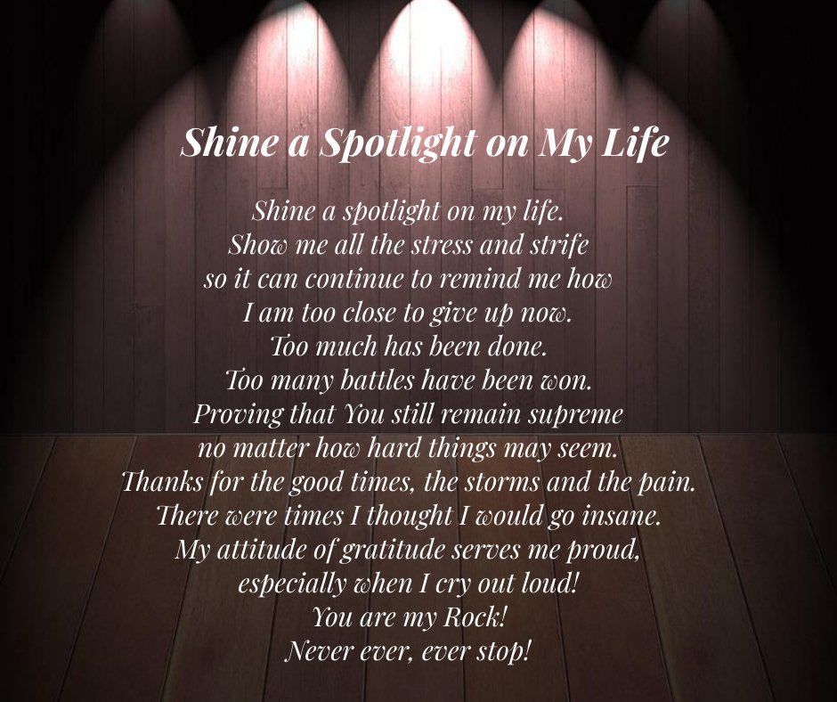 rev_reikirhonda's tweet image. Shine a Spotlight on My Life

Shine a spotlight on my life. Show me all the stress and strifeso it can continue to remind me how I am too close to give up now.

From "Poetry and Other Inspired Ideas" by Rhonda Williams
amzn.to/2z0fBHn

#Poetry #Toplink