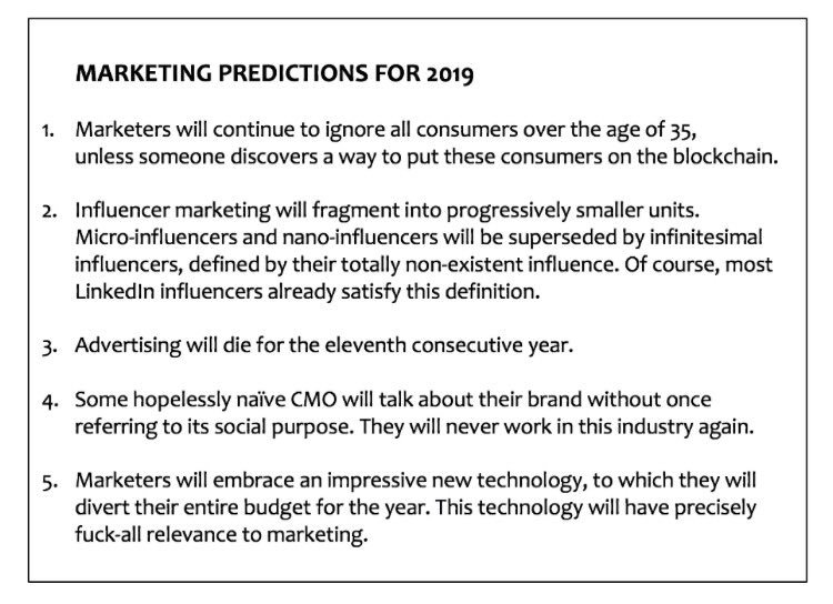 Dr_Draper's tweet photo. Can you believe it's that time of year already?
Here are my marketing predictions for 2019. https://t.co/46GEltZokP