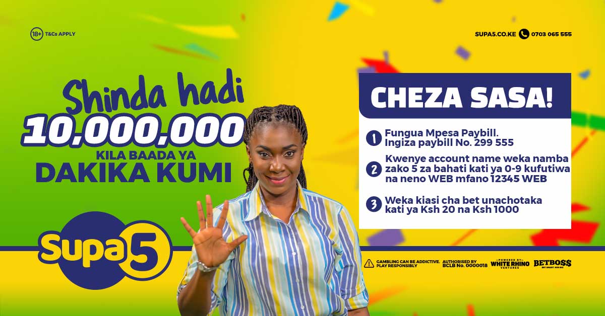 Supa5ke's tweet photo. Game jipya kabisa nchini Kenya limewasili!
Linganisha namba zako 5 za bahati ushinde hadi Ksh 10,000,000 kila dakika kumi kwa kiasi kidogo zaidi cha Ksh 20 -1000!
Kuwa Supa! Cheza sasa! https://t.co/8qx0BuE9VS