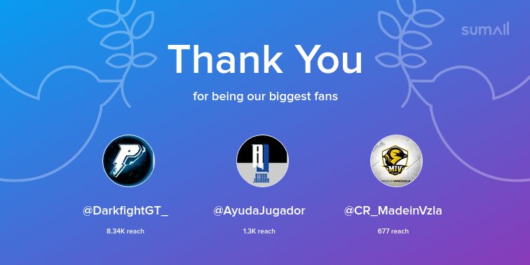 Our biggest fans this week: @DarkfightGT_, <a href="/AyudaJugador/">Ayuda Jugador</a>, <a href="/CR_MadeinVzla/">Made In Vzla eSports</a>. Thank you! via sumall.com/thankyou?utm_s…
