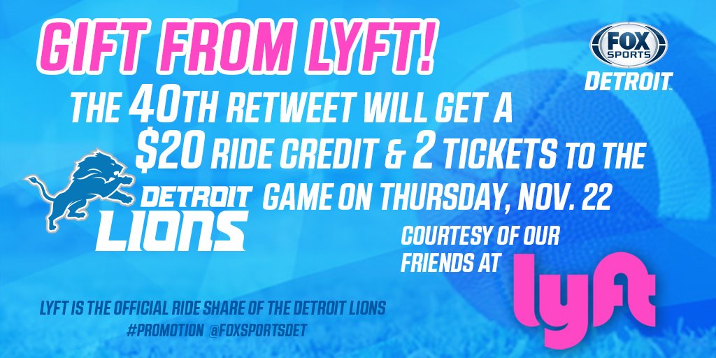 FanDuelSN_DET's tweet photo. The 40th RT will get a $20 ride credit &amp; 2 tickets to the Lions game on Thursday, Nov. 22 courtesy of our friends at @lyft #GiftFromLyft #promotion @FOXSportsDet https://t.co/HdTEeHAiwd