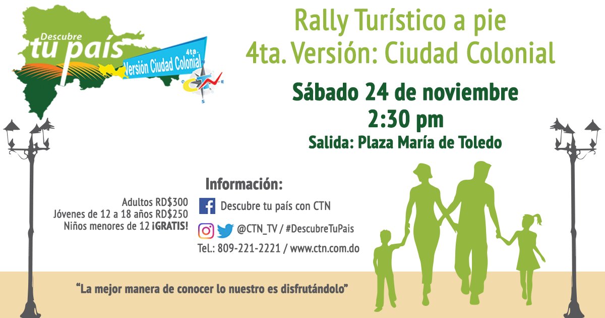 Este sábado acompáñanos en la 4ta. versión del Rally Turístico a pie Ciudad Colonial, a partir de las 2:30pm en la Plaza María de Toledo.  #Descubretupais #DescubretupaisCTN