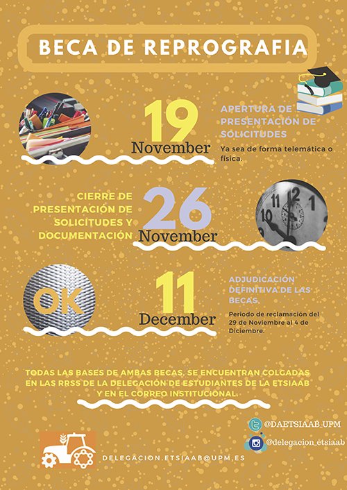 etsiaab's tweet image. Hasta el próximo 23 de noviembre puedes presentarte a la beca del #ProyectoInnova para dar ideas sobre las #AsociacionesETSIAAB, y hasta el 26 de noviembre para pedir una beca de #reprografía, ¿quieres informarte? Puedes hacerlo en nuestra web: bit.ly/2PEuXN5 #ETSIAAB
