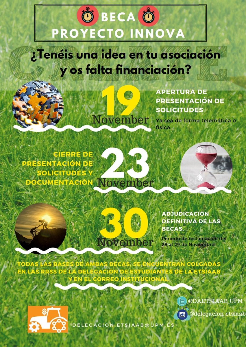 etsiaab's tweet image. Hasta el próximo 23 de noviembre puedes presentarte a la beca del #ProyectoInnova para dar ideas sobre las #AsociacionesETSIAAB, y hasta el 26 de noviembre para pedir una beca de #reprografía, ¿quieres informarte? Puedes hacerlo en nuestra web: bit.ly/2PEuXN5 #ETSIAAB