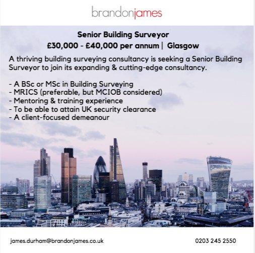 BrandonJamesJob's tweet image. Interested? Read more here - ow.ly/MFnf30mGihT  or contact James Durham on 01628 367041.
Looking for other opportunities? Visit our website at brandonjames.co.uk .
We’re always happy to discuss your next move.
#MCIOB #Glasgow #buildingsurveyor #MRICS #construction