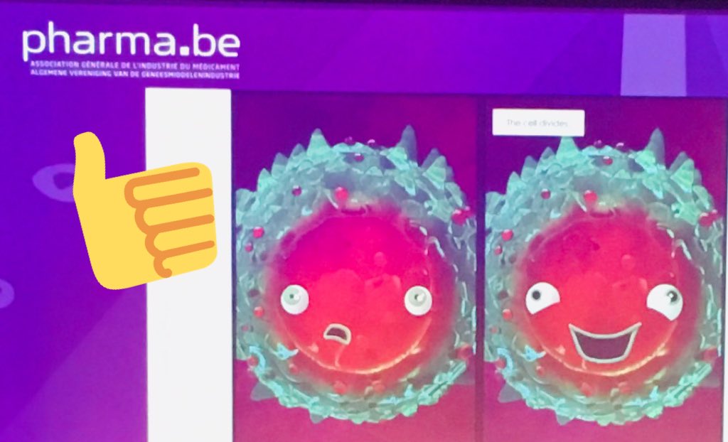 NaertPhil's tweet photo. How to depict &amp; explain #cancer  #cells? Not evil but #confused chaps. Great example of #storytelling by Prof Kerre (uzgent) #dialogue2018 @pharmabe https://t.co/tSKzAUGeId