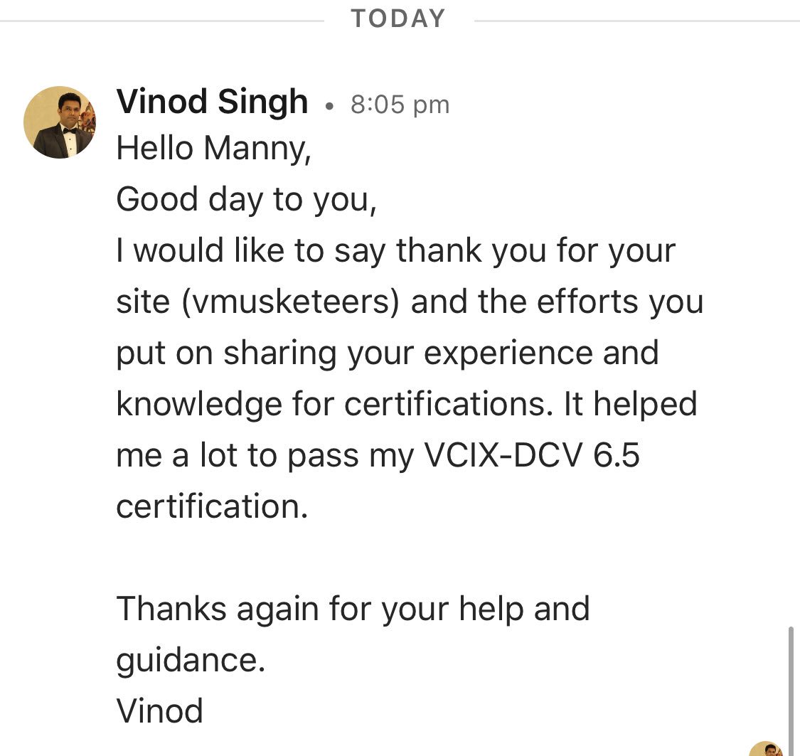 MannySidhu2's tweet photo. So glad to see blog posts on my group blog https://t.co/23XOlcx2Cv have helped a total stranger achieve a career milestone and get ahead! @vMusketeers, the power of the #vCommunity! #GivingBack #TopvBlog2018 https://t.co/NoRAnbSiNe