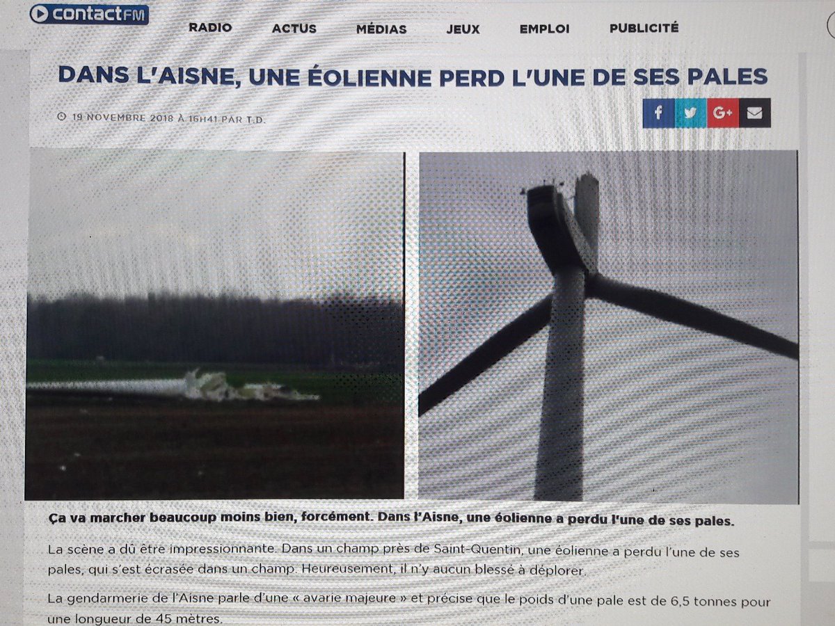PPEEBPORG's tweet photo. Après Pithiviers, ce jour, dans l'Aisne: 1 pale de 6 tonnes s' envole !
Toutes les semaines un accident #Eolien majeur et redoutable pour les riverains !
Faudra-t-il attendre d'avoir des morts ?
#moratoireolien #énergie #ENR #environnement #greeenwashing #enr #greeenwashing #enr https://t.co/0gIUgUszao