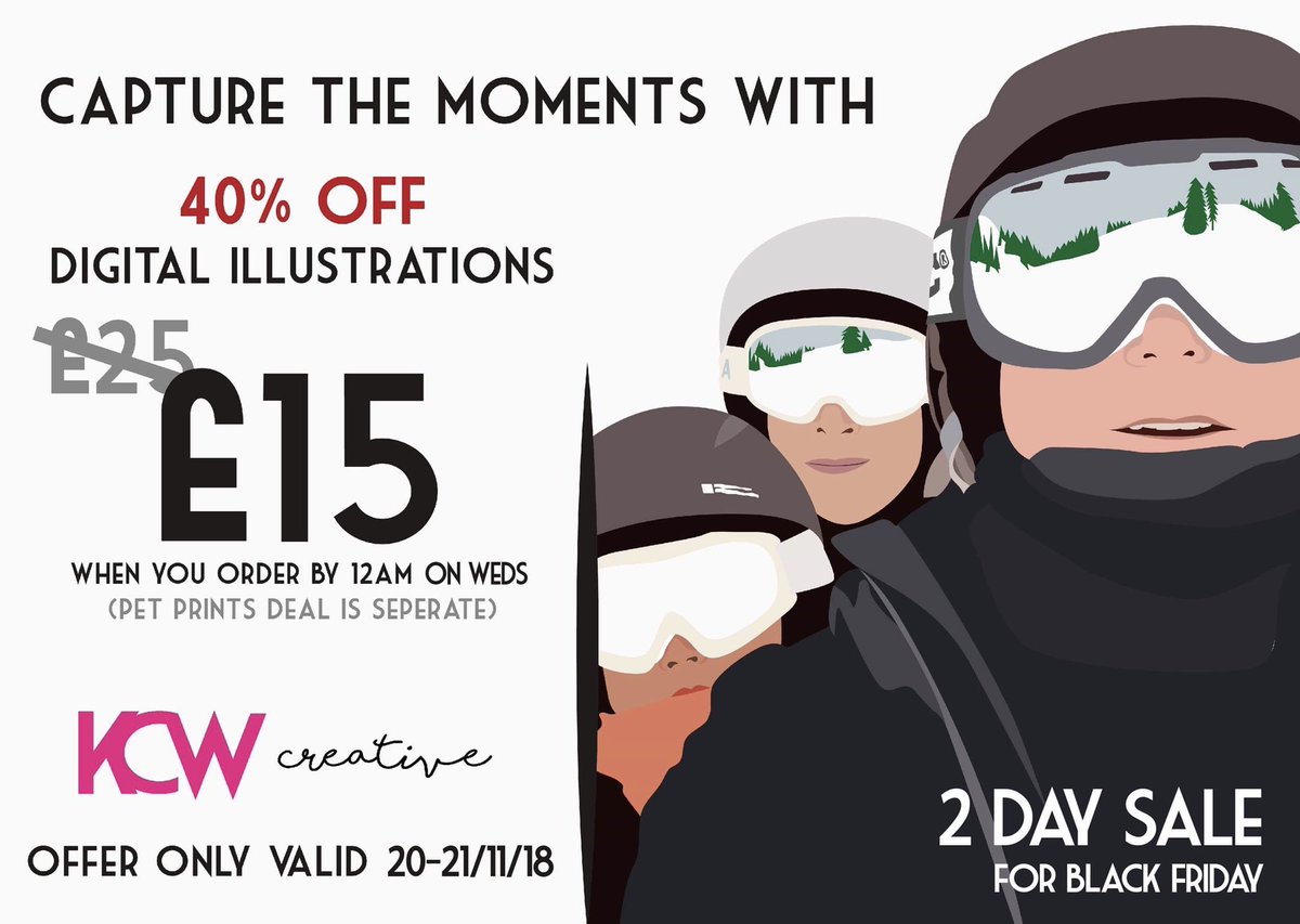 kcwcreative's tweet photo. ‼️Here is my 2 day Black Friday event!‼️
Digital illustrations are ONLY £15 TODAY AND TOMORROW.
The perfect personalised Christmas gift!
🎄🎄🎄
Pet prints deal totally seperate.
Offer ends 11:59pm on Weds 21 Nov.
#art #design #illustration #commission #blackfriday #sale #event https://t.co/YGGie4pKc5