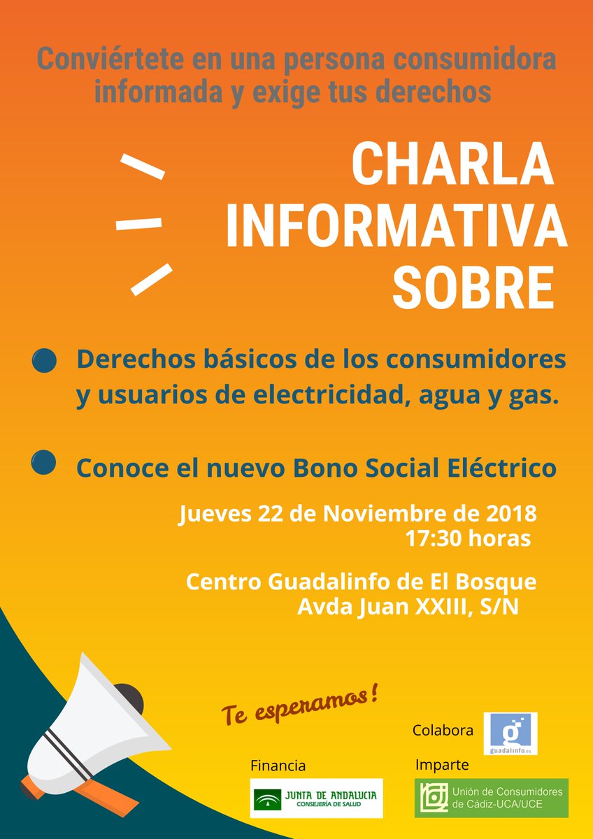 Charla informativa
El próximo día 22 de noviembre a las 17:30h tenemos programada la charla informativa de consumo en el <a href="/CG_El_Bosque/">CG El Bosque</a>, a cargo de la Unión de Consumidores de Cádiz, colabora <a href="/RedGuadalinfo/">Vuela Guadalinfo</a> <a href="/Manu_76/">Manuel J.</a>