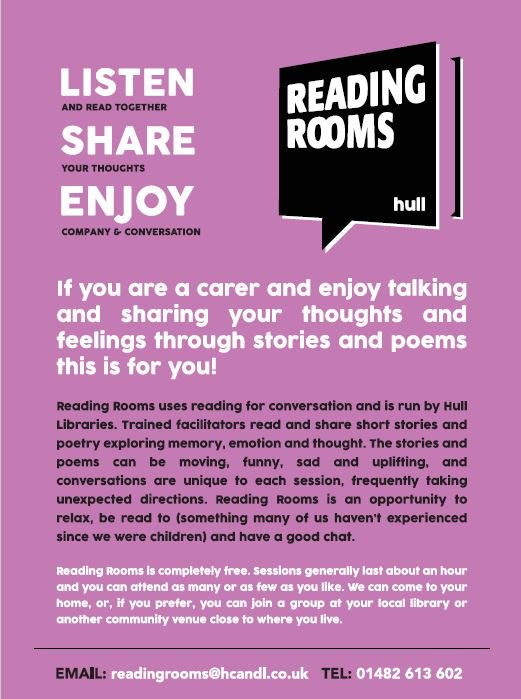 hull_libraries's tweet photo. Get involved with our Reading Rooms for carers project  #OurDay2018 https://t.co/m8IbncXqXF