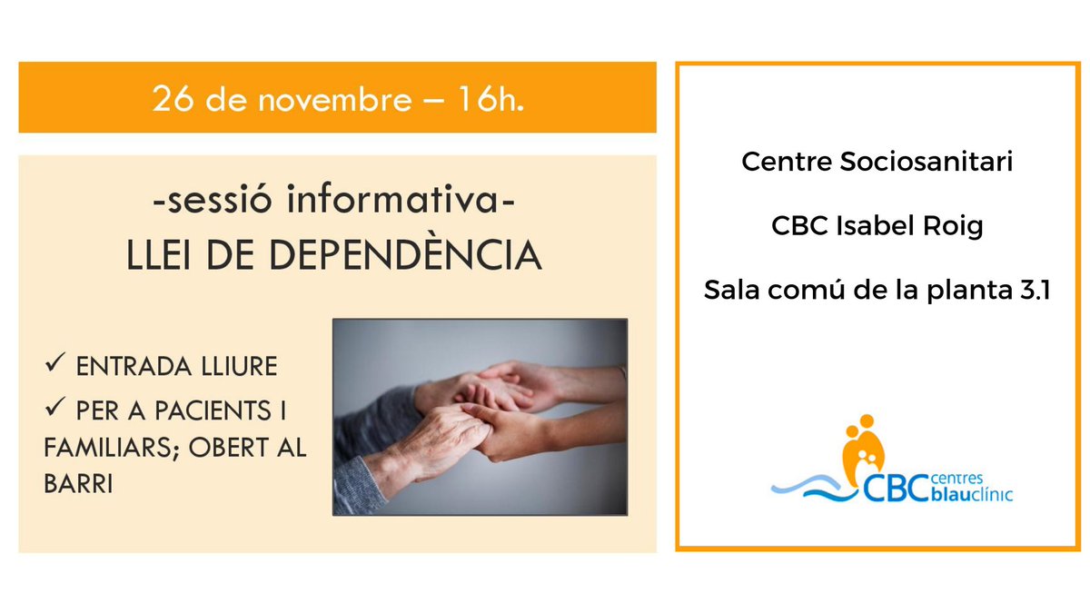 blauclinic's tweet photo. El proper dilluns es realitzarà una sessió informativa sobre la Llei de la Dependència al CBC #IsabelRoig. Pensada per a pacients i els seus familiars, i oberta al barri de #SantAndreu #LleiDeDependència https://t.co/EDcFTTirtI