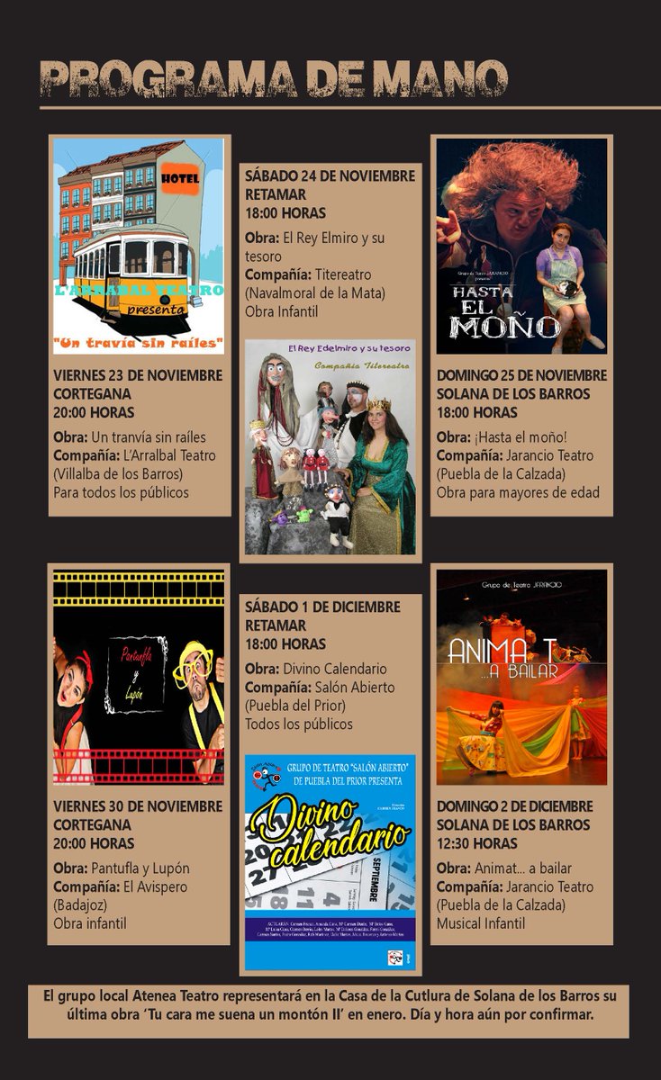 III Certamen de Teatro en Solana de los Barros. Del 23 de noviembre al 2 de diciembre📅, siete representaciones de obras de compañías llegadas de toda Extremadura💚⚪🖤