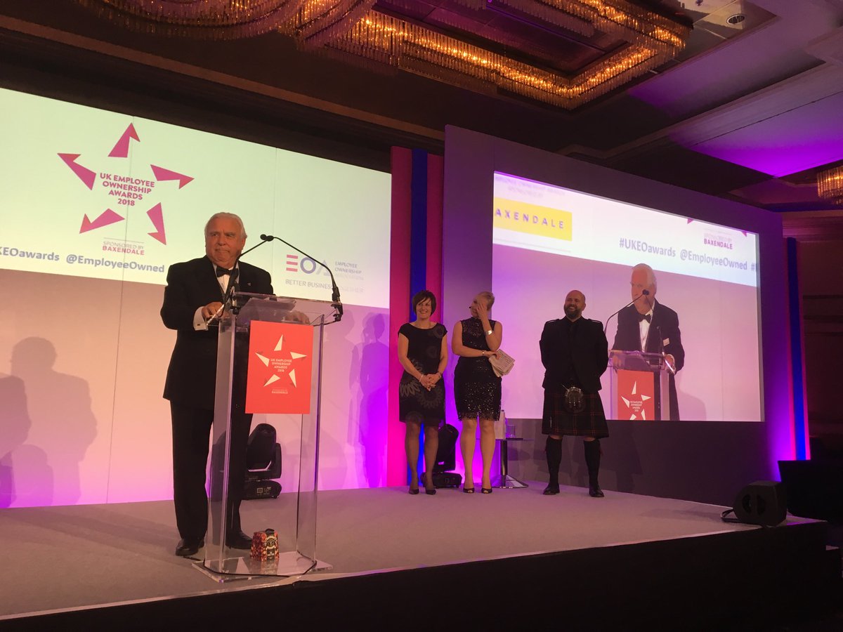 Grippleltd's tweet photo. We're delighted to have won the Employee-Owned Culture award at the #UKEOAwards &amp; are immensely proud of our founder Hugh Facey, OBE winner of the Baxendale Fellowship Award for his contribution to the growth of #EmployeeOwnership. 
 Photos: @AndersonAcousti @2yews @shareschemes https://t.co/rLmCxX0Bnd