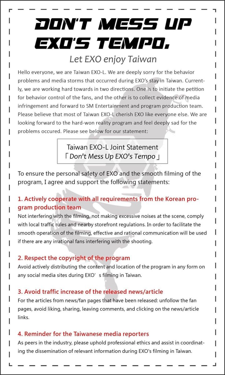 kitty881106's tweet photo. Please forward this🙏🙏
I’m Taiwan EXO-L😢, I want to apologize to exo.
I'm sorry this happened, but it wasn't all Taiwan fans fault, just because it happened in our country.
We all want to protect EXO, so we're launching this campaign, so please help us.
#EXO #LetEXOenjoyTaiwan https://t.co/Wdwo9gq722