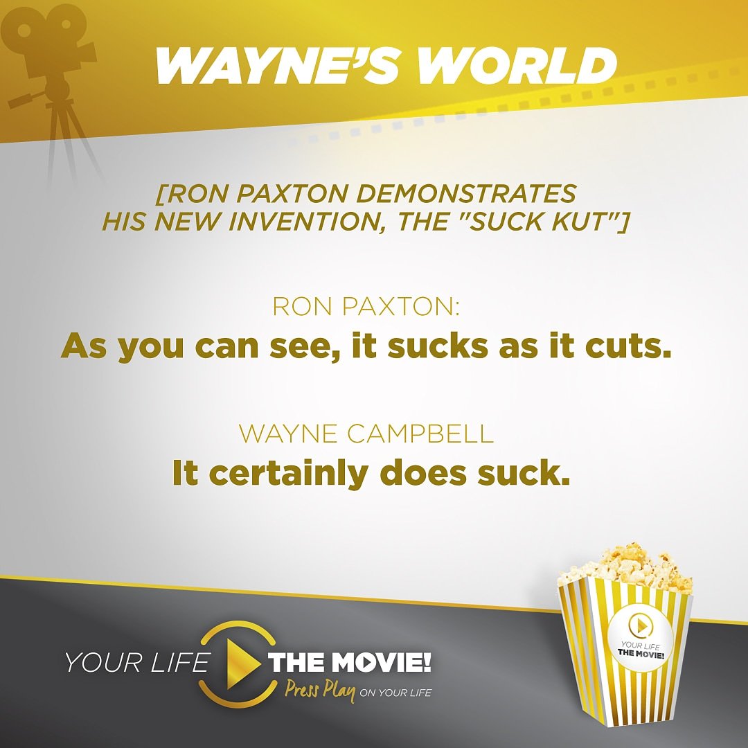 YourLifeMovie's tweet photo. [Ron Paxton demonstrates his new invention, The 'Suck Kut'] 

RON- "As you can see, it sucks as it cuts."...

Wayne Campbell- 'It certainly does suck.'  

It's Wayne's World. Party time. Excellent. 🎸🤟 https://t.co/HnNRJR7kDn