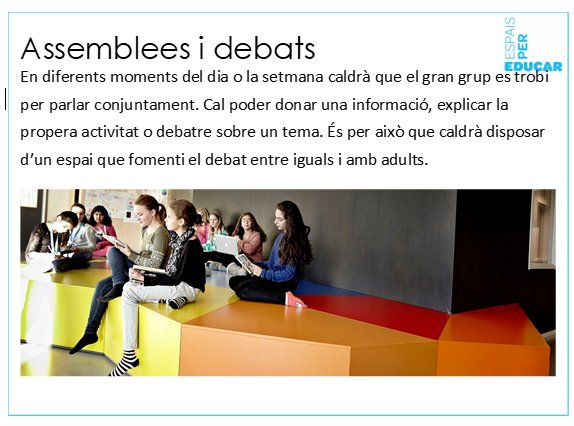 Hi ha espais al teu centre per debatre en grup? cal planificar espais amplis on poder seure tot el grup aula, inclús més d'un però sense sacrificar tants m2 . Vols que t'en donem idees.? espaisxeducar.com