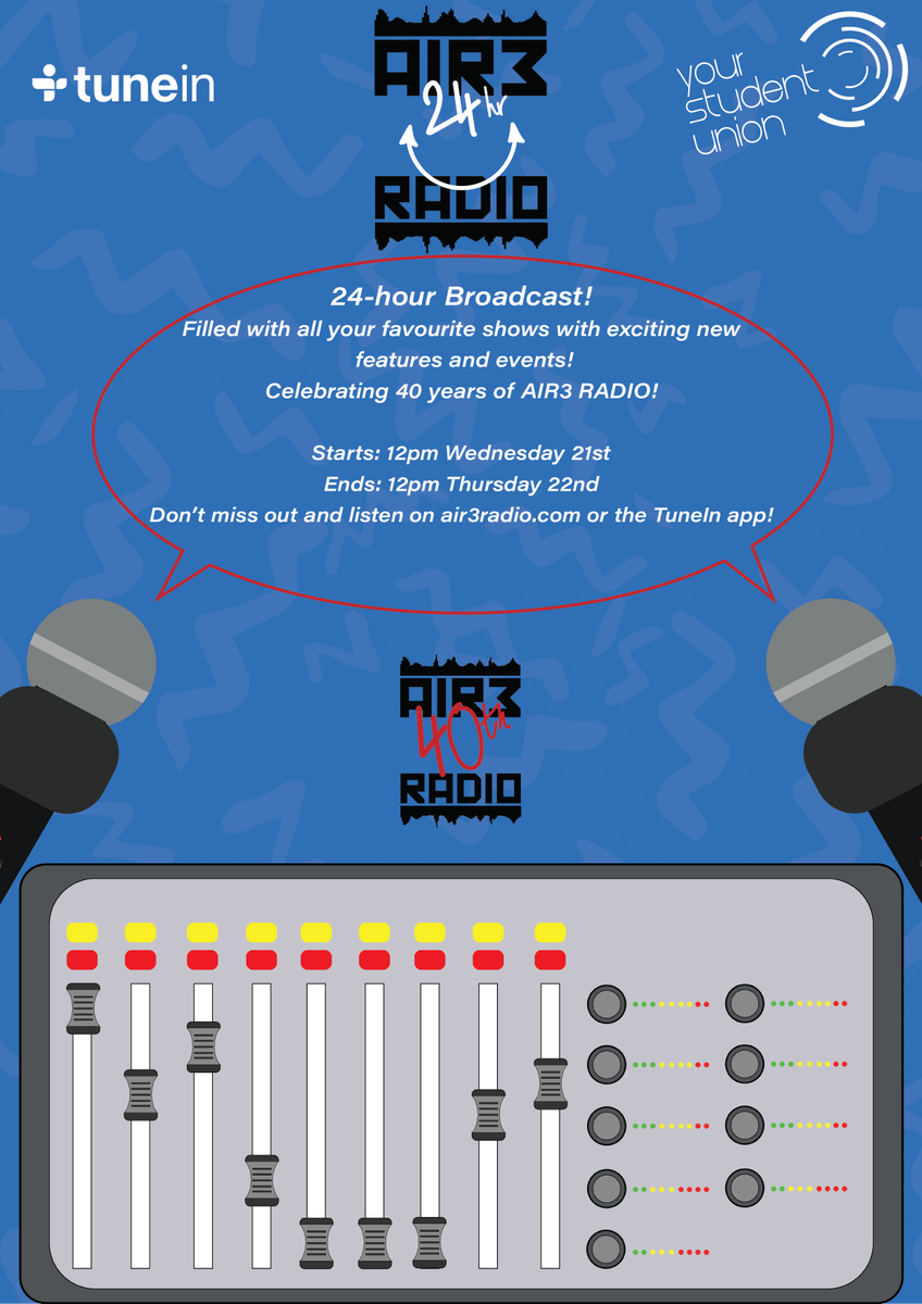 Air3Radio's tweet photo. Sooooo we have some very exciting news! We are doing a 24-HOUR BROADCAST...TOMORROW!! Celebrating 40 years of AIR3 Radio, listen in as usual on https://t.co/DHMsKwmViP or the TuneIn app to hear all your favourite shows (and some new ones) and help us celebrate 40 years together! https://t.co/LkS5sU84pv
