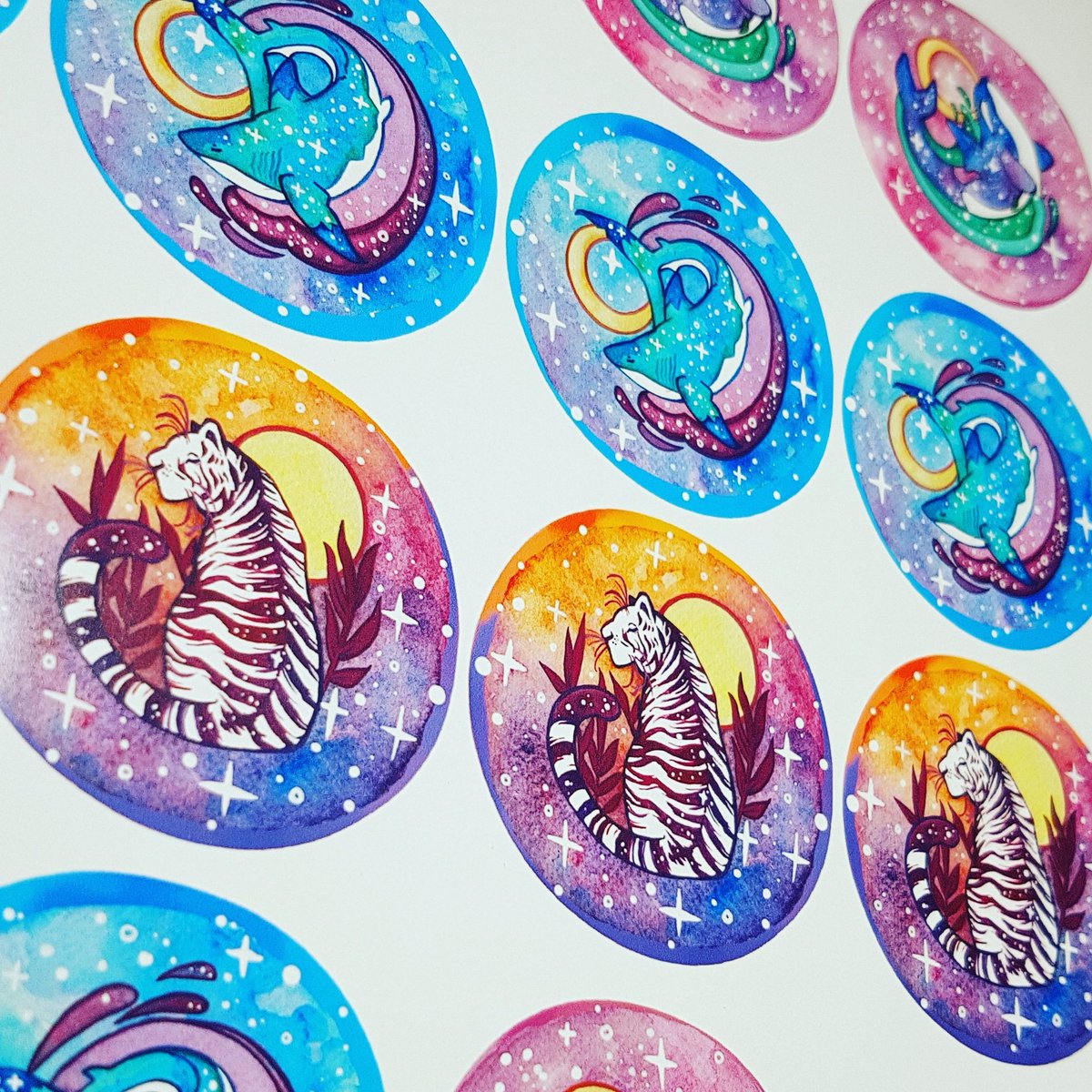 New tiger, shark and orca badge designs pressed and now availible on my Etsy store! 🐯🦈🐳  😊💫 #orca #shark #tiger #animalart #traditionalart  #watercolor #watercolourgalaxy #badges #buttons