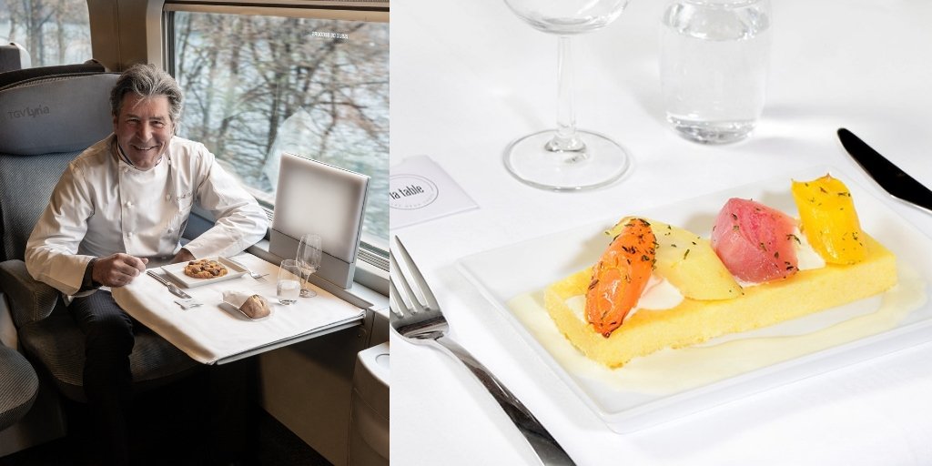 TGV_Lyria's tweet photo. Le #chef étoilé Michel Roth, basé à #Genève au @PresidentWilson, a imaginé 6 plats Signature de saison, inspirés par les traditions culinaires #Françaises &amp; #Suisses, pour la carte #gastronomique La Table automne-hiver 2018-2019 de TGV Lyria, à bord dès le 21.11 en #BUSINESS 1ERE https://t.co/AKcOzGxCee