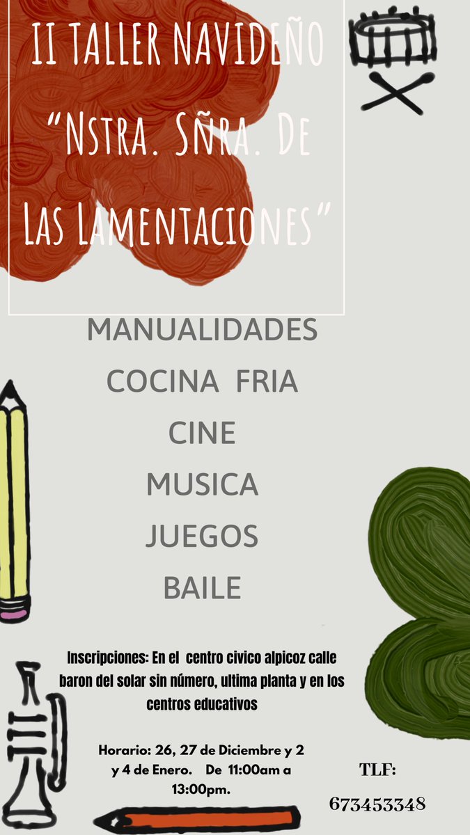 ¡¡Vuelve nuestro taller navideño!!🎄❄⛄🎁 
-Numerosas actividades para los más pequeños de la casa. 
-Precio 5€. (materiales).
(Edad mínima requerida 5 años). -Tlfn: 673 453 348 (Whatsapp).