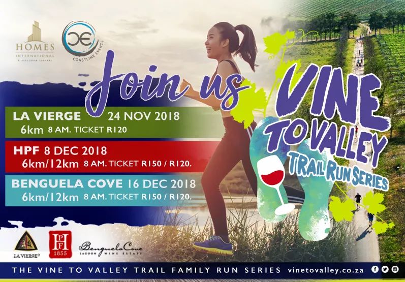 Only 3 dates left for the 2018 Homes International Hermanus #V2V #TrailRun Series!

24 Nov | <a href="/LaViergeWines/">LaViergeWines</a> <a href="/LaVierge_LV/">restaurant@Lavierge</a>  | 6 km
8 Dec | <a href="/hpf1855/">Posmeester</a> <a href="/HPF_Skapie/">HPF Skaap</a> | 6 &amp; 12 km
15 Dec | <a href="/BenguelaCove/">Benguela Cove Lagoon Wine Estate</a>  | 6 &amp; 12 km

Book you tickets online: bit.ly/2Ie7RFS