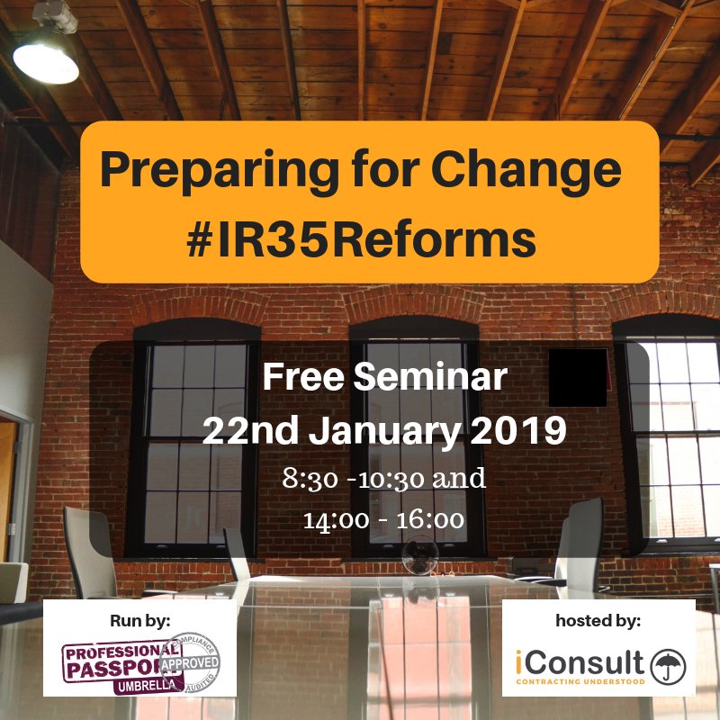 iConsult are collaborating with @PPassport to offer Free support to the contractor supply chain in advance of the 2020 ‘off-payroll’ reforms.
DM us to reserve your place on our January seminars #contractor #IR35reforms #offpayroll #recruiter