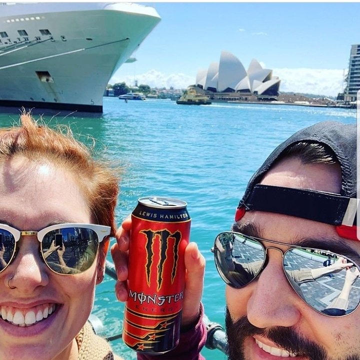 Team_LH's tweet photo. Dan and Charlotte from England are refuelling down under! 😁💪🏾 They reckon a @LewisHamilton #5xWC @monsterenergy can update would be pretty cool 🌟🌟🌟🌟🌟What do you reckon #TeamLH? #LH44 📸 @moonchild_charlotte on INSTA 🙏🏽 https://t.co/3FQkpspLJv
