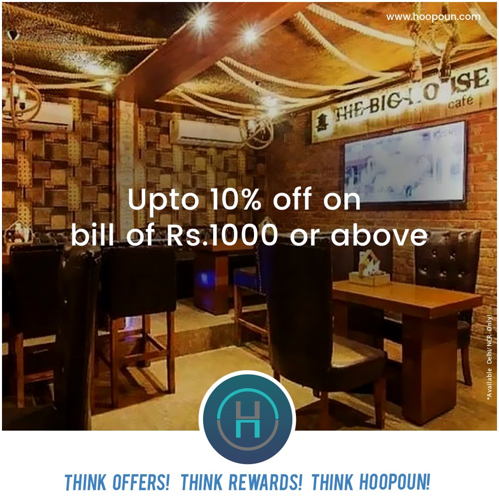 hoopounapp's tweet photo. Get up to 10% discount on your food bill when you dine in at the most premium cafe- The Big House Cafe in Satya Niketan Download the app now to redeem this offer at outlet

#bighousecafe #food #discount #satyaniketan #followus #likeus #offers #discount #rewards https://t.co/14ek4LHwPR