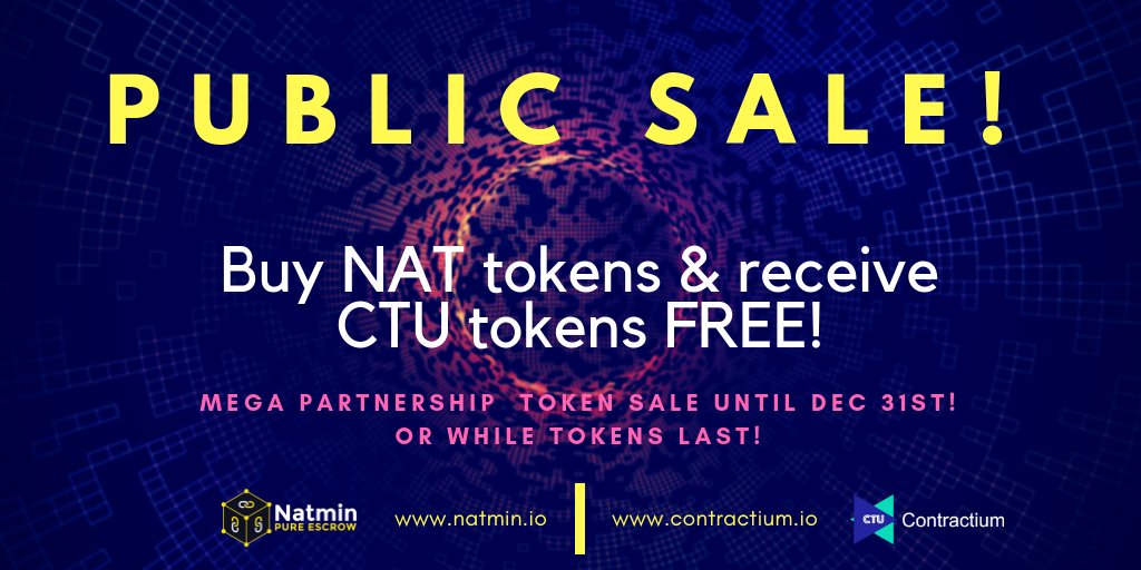 NatminPE's tweet photo. We have partnered with Contractium to bring you an exciting Co-Sale! Buy Nat tokens and receive CTU tokens of the same value for FREE! No minimum buy amount!
Buy directly from our website https://t.co/fLhPvkCu8D
#icosale #tokensale #crypto #altcoin #contractium #CTU #Natmin #NAT https://t.co/k1pSlyKxcB