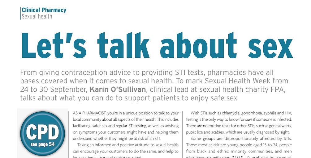 theGHS's tweet photo. ICYMI: To mark #SexualHealthWeek back in September, Karin O’Sullivan, clinical lead and an associate trainer @FPACharity, wrote an article for #TodaysPharmacist talking about what #pharmacists can do to support patients to enjoy safe sex: https://t.co/n33859E0um #sextakeover https://t.co/jGeJ43LOeq