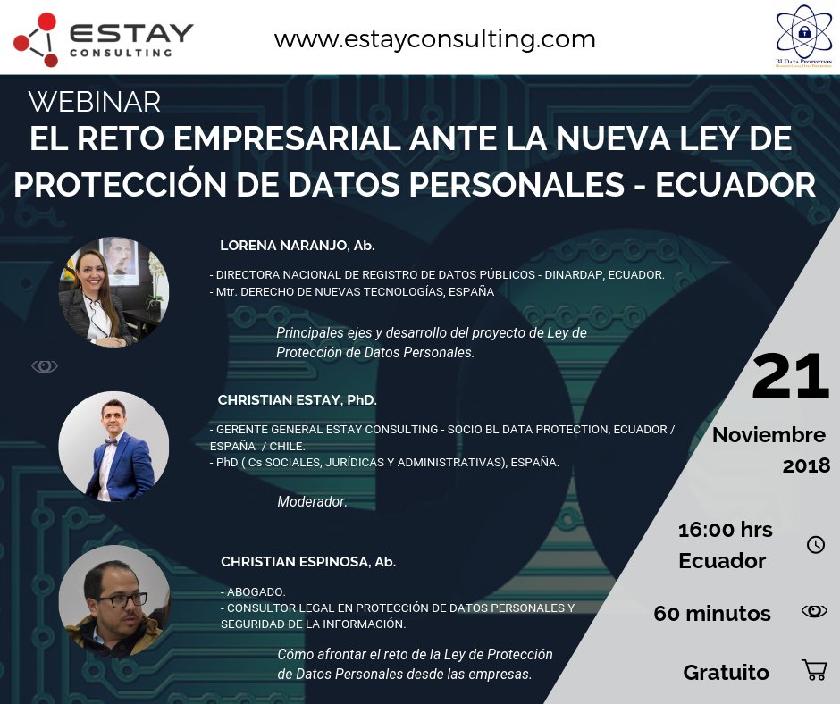 EstayConsulting's tweet photo. #Webinar El Reto Empresarial ante la nueva Ley de Protección de Datos Personales - Ecuador. Regístrate en  https://t.co/d8AfQUNbcc … 

. #datospersonalesEC #datosyempresas #protecciondatospersonales #datosEC #dataprotection #data #datagovernance #DataPanel #DataScientist https://t.co/hJW22gp0PE