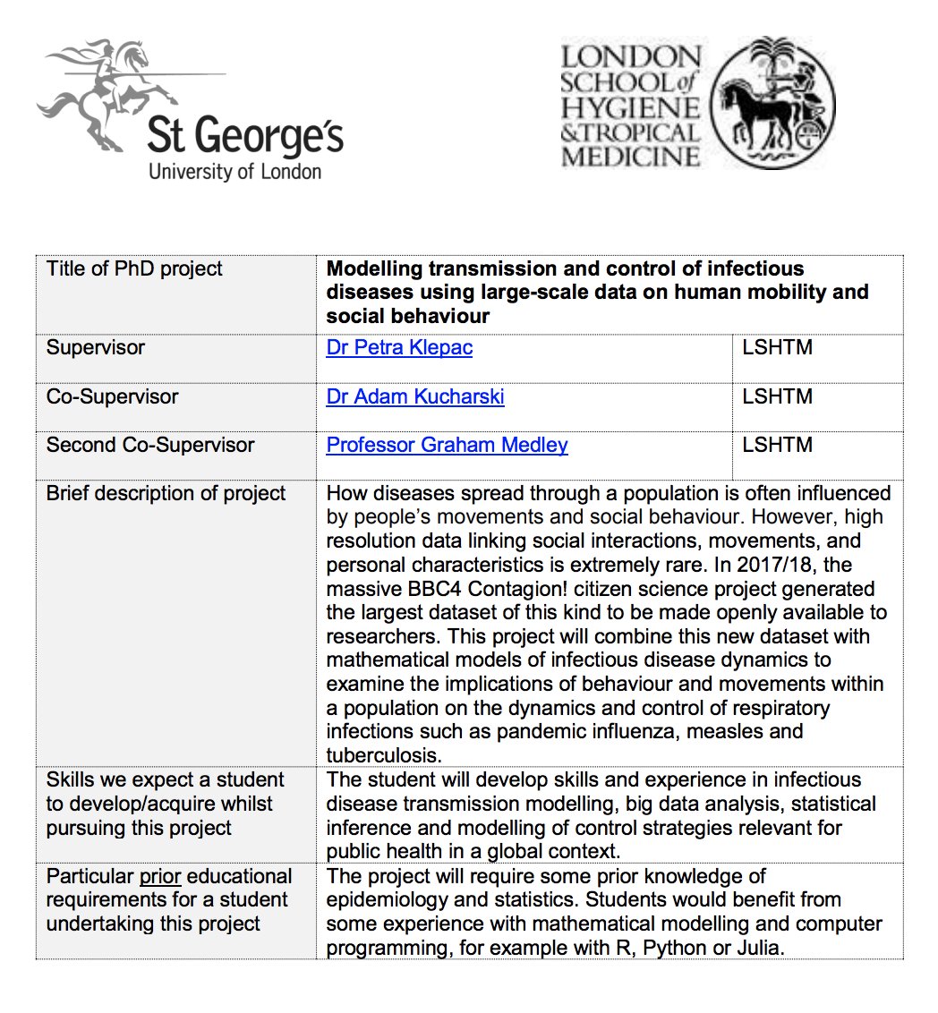 Remember that Pandemic programme we did earlier this year? Well, here's a PhD opportunity to get stuck in analysing the data. Fully funded, AND you get to work with @petrakle &amp; @AdamJKucharski mrc-lid.lshtm.ac.uk/apply/