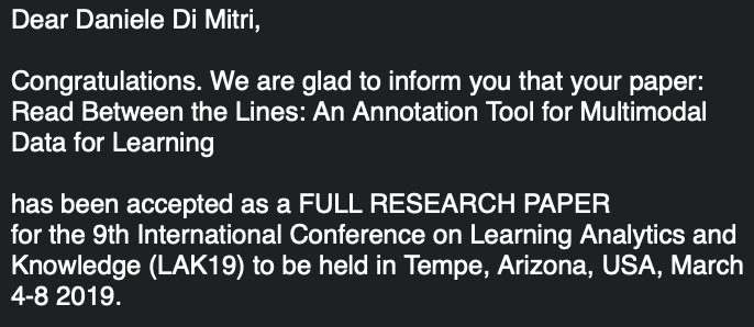 dimstudi0's tweet photo. Our article "Read Between The Lines" accepted as full paper at #LearningAnalytics conference @lak19asu in Tempe, Arizona. Vamos!  
#LAK19 https://t.co/H1UFtEvgig