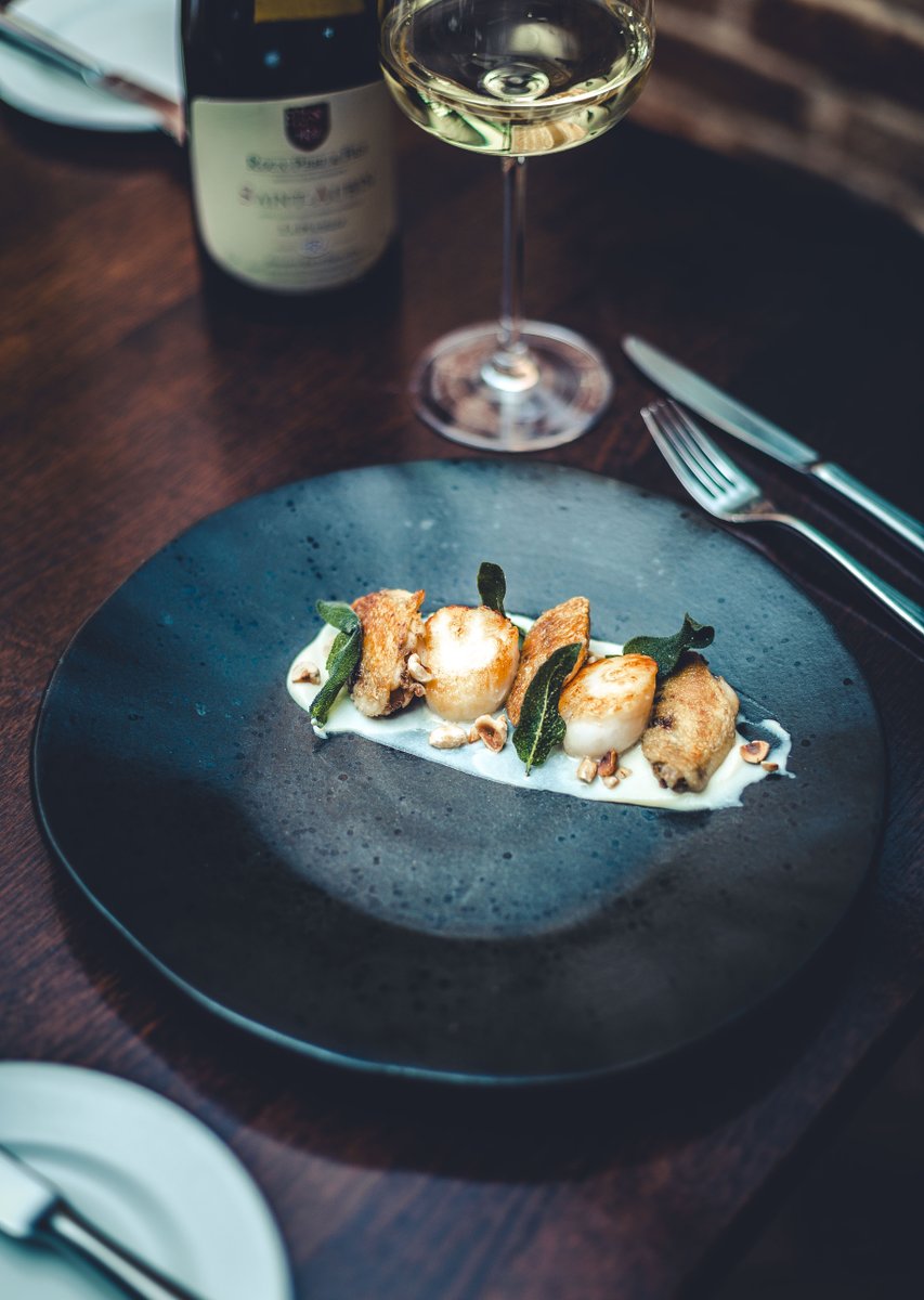 Our King Scallop starter with Confit Chicken Wings, Jerusalem Artichoke Puree &amp; Hazelnuts is the the perfect way to start a special meal #leedsrestaurants