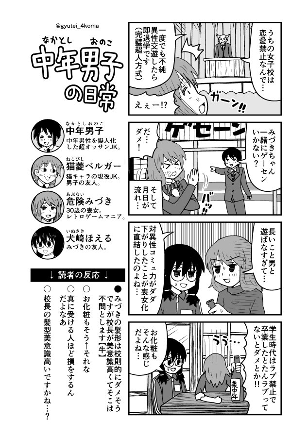 30歳の喪女キャラ『危険みづき』と、ゲーム筐体BL系同人作家『犬崎ほえる』回の4コマをまとめました（16本収録） ＞中年男子の日常 番外編 危険みづき&amp;犬崎ほえる特集 | 牛帝 #pixiv… 