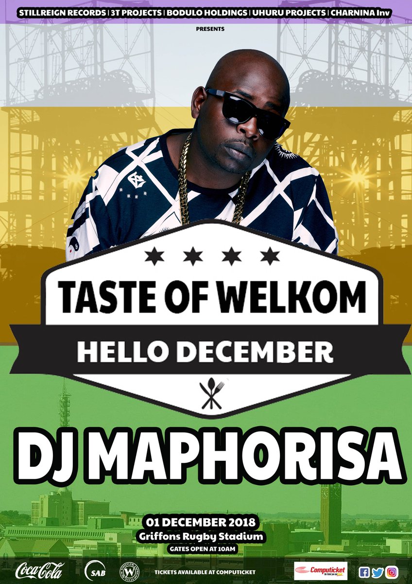 TASTEofWELKOM's tweet image. #TasteOfWelkom #01Dec #GriffonsRugbyStadium Tickets Available @ComputicketSA Headlining acts are... @MoonSanelly @Sjava_ATM @DjMaphorisa &amp;amp; #MoMolemi