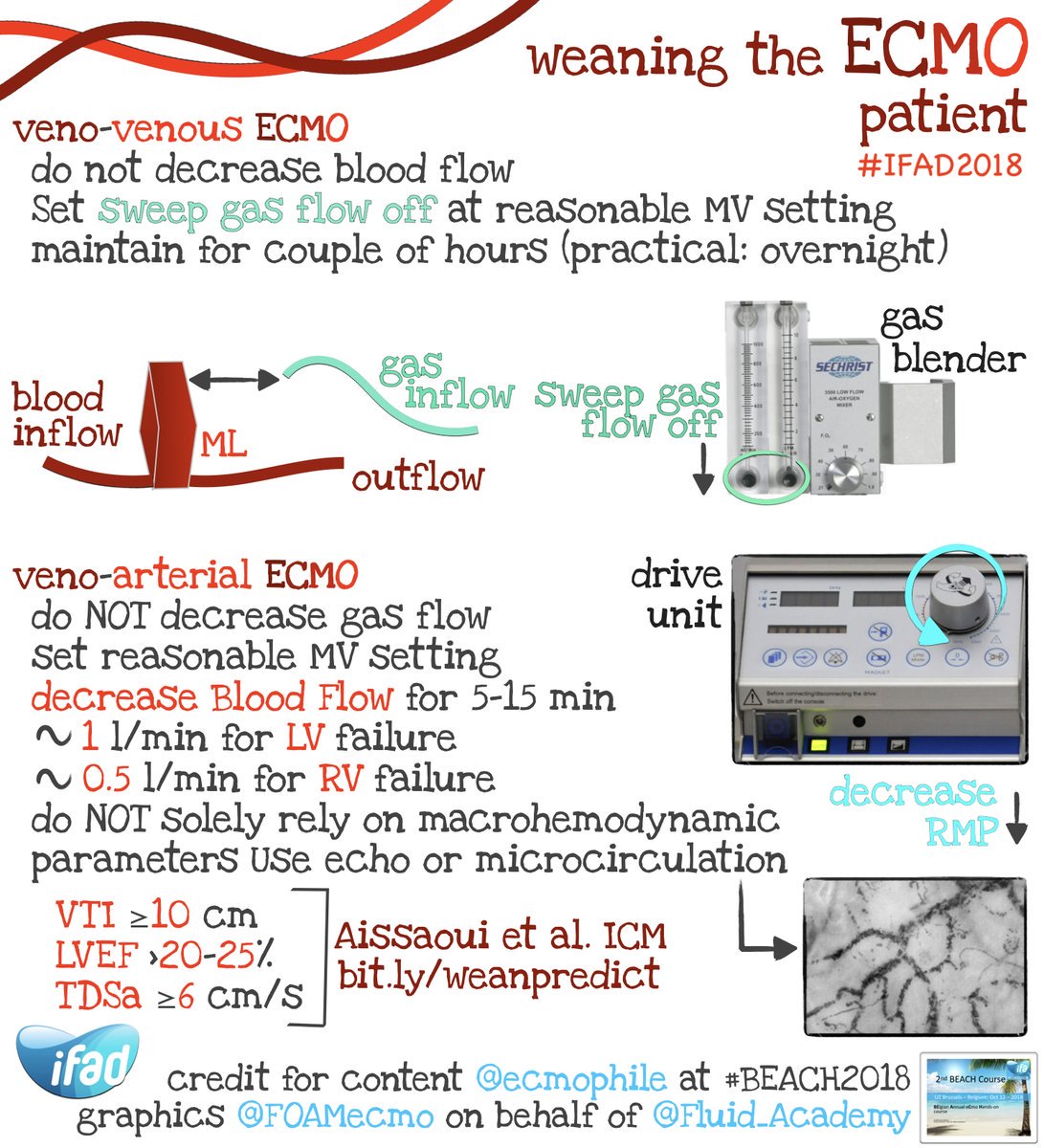 FOAMecmo's tweet photo. Getting on #ECMO is one thing... getting off support another: weaning from veno-venous &amp; veno-arterial #ECLS infographic based on @ECMOphile talk at #BEACH2018 come to #IFAD2018 ECMO course to learn more or stay tuned &amp; follow live tweeting! #FOAMed #FOAMcc @Fluid_Academy https://t.co/W2QeY888SU