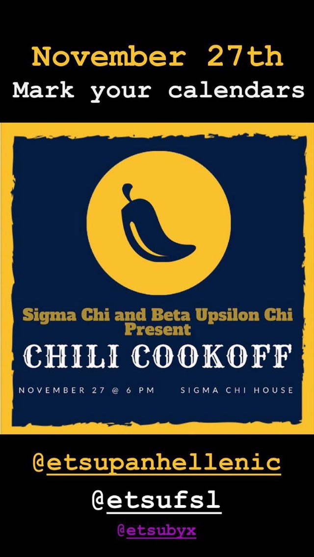 ETSUSigmaChi's tweet photo. Don’t eat too much turkey 🦃 at Thanksgiving because we are having a 🌶 cookoff with @etsubyx on November 27th at the ΣΧ 🏠! https://t.co/Ilt5X6CpGh
