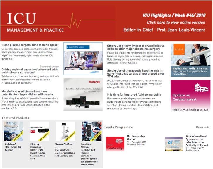 ICU_Management's tweet photo. Our #ICU #Highlights feature: Blood glucose targets, #POCUS for regional anaesthesia, Biomarkers for #sepsis triage in #PICU, Crystalloids vs colloids after major abdominal surgery, TTM use in OHCA, #Fluid stewardship
Read them all 👉 https://t.co/EBPmn7ocJD https://t.co/JPESHfurE0